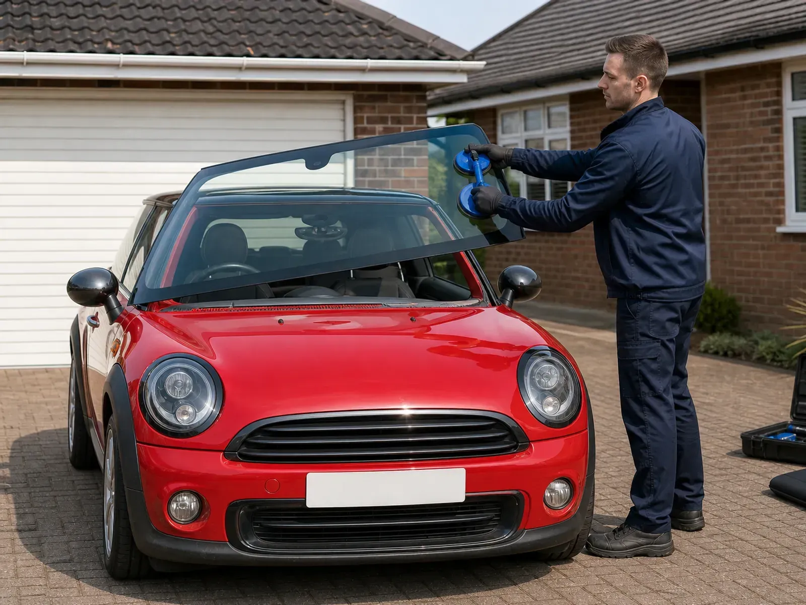 A mobile windscreen technician lifting a new windscreen into place on a red MINI parked on a driveway.