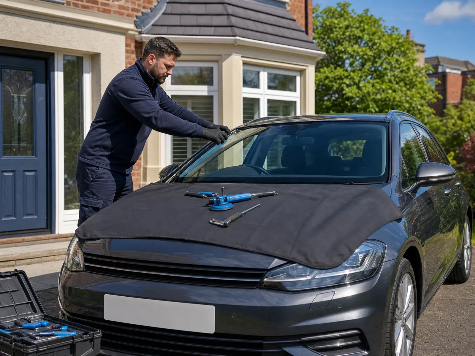 A mobile windscreen technician preparing to fit a new front windscreen onto a dark-grey family car on a Liverpool driveway.