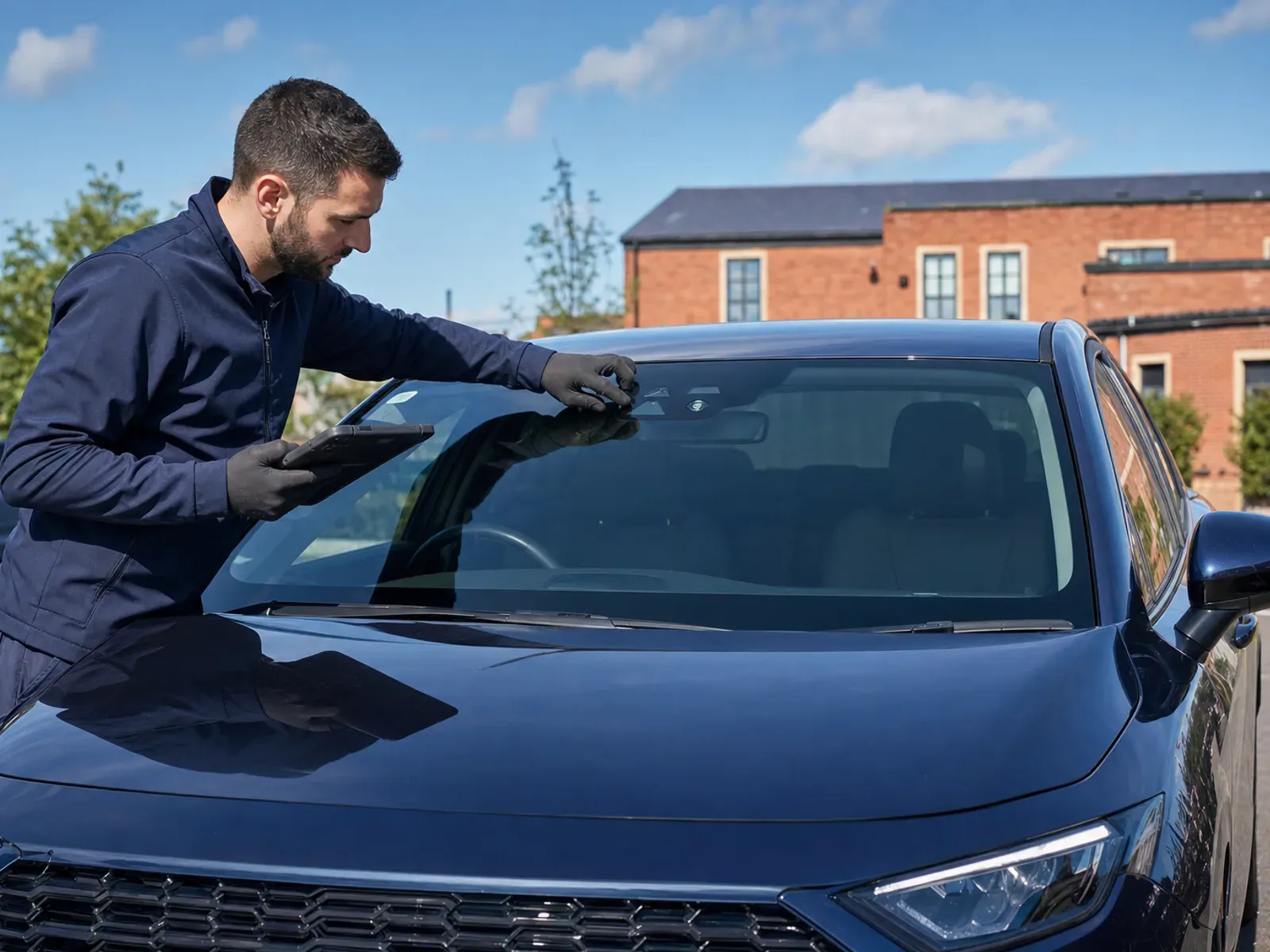 A mobile windscreen technician inspecting a newly fitted windscreen and sensor area on a silver estate car in Liverpool.