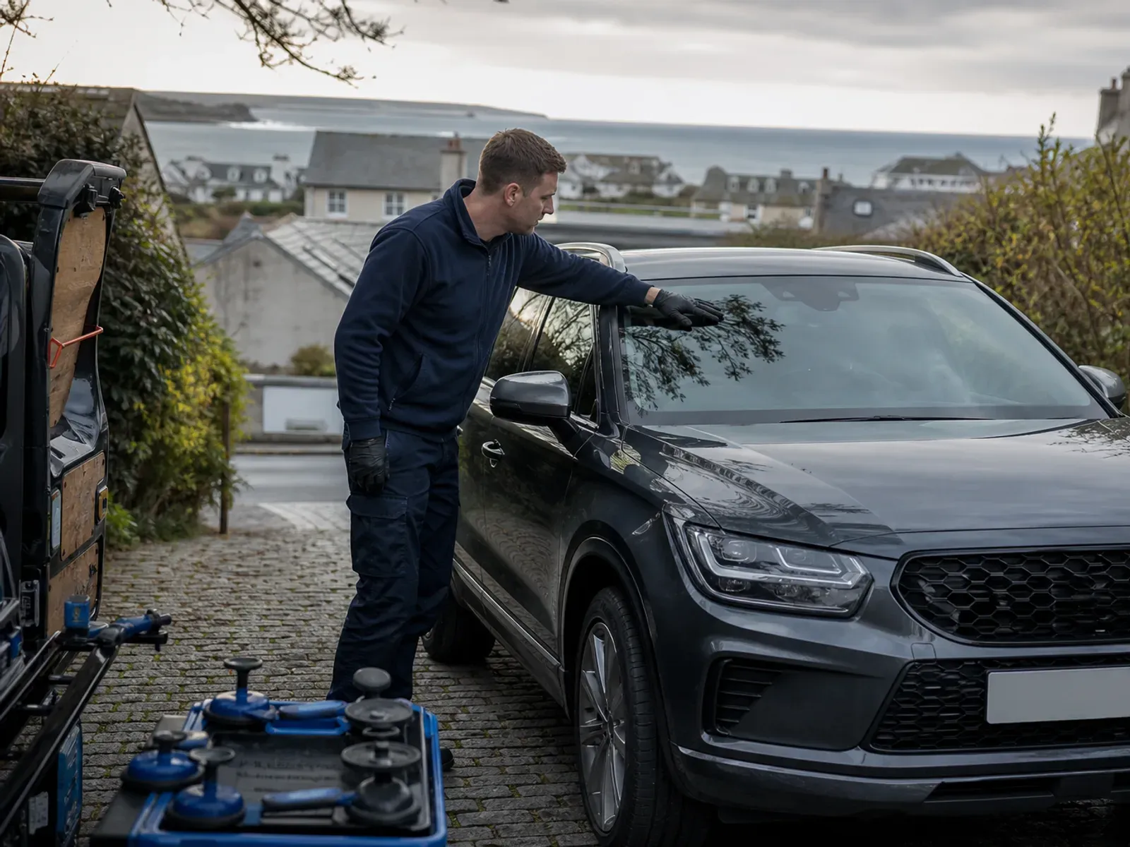 A mobile windscreen technician providing vehicle-glass service in the Formby area of Liverpool.