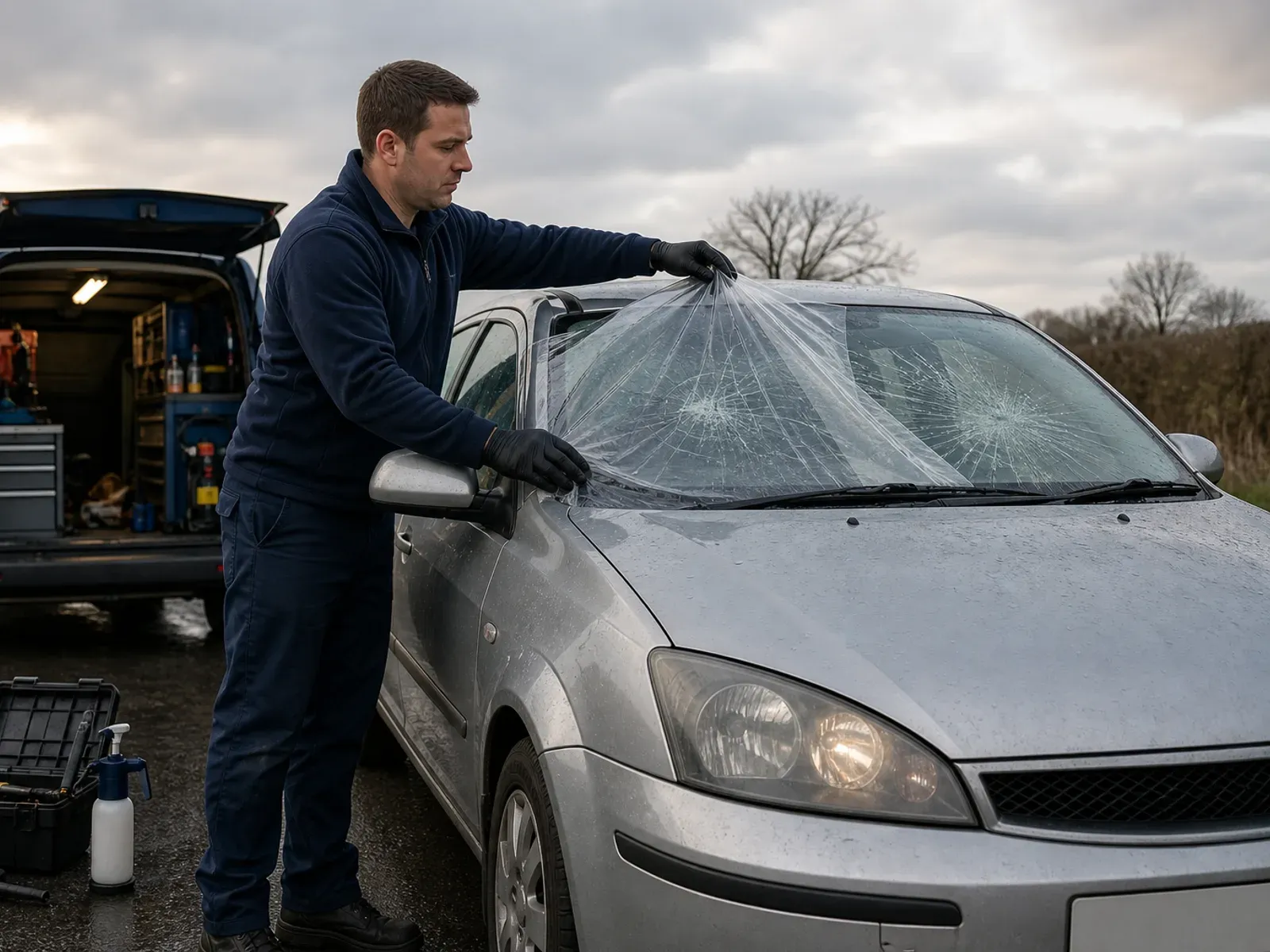 A mobile technician performing emergency windscreen replacement on a vehicle in Liverpool.