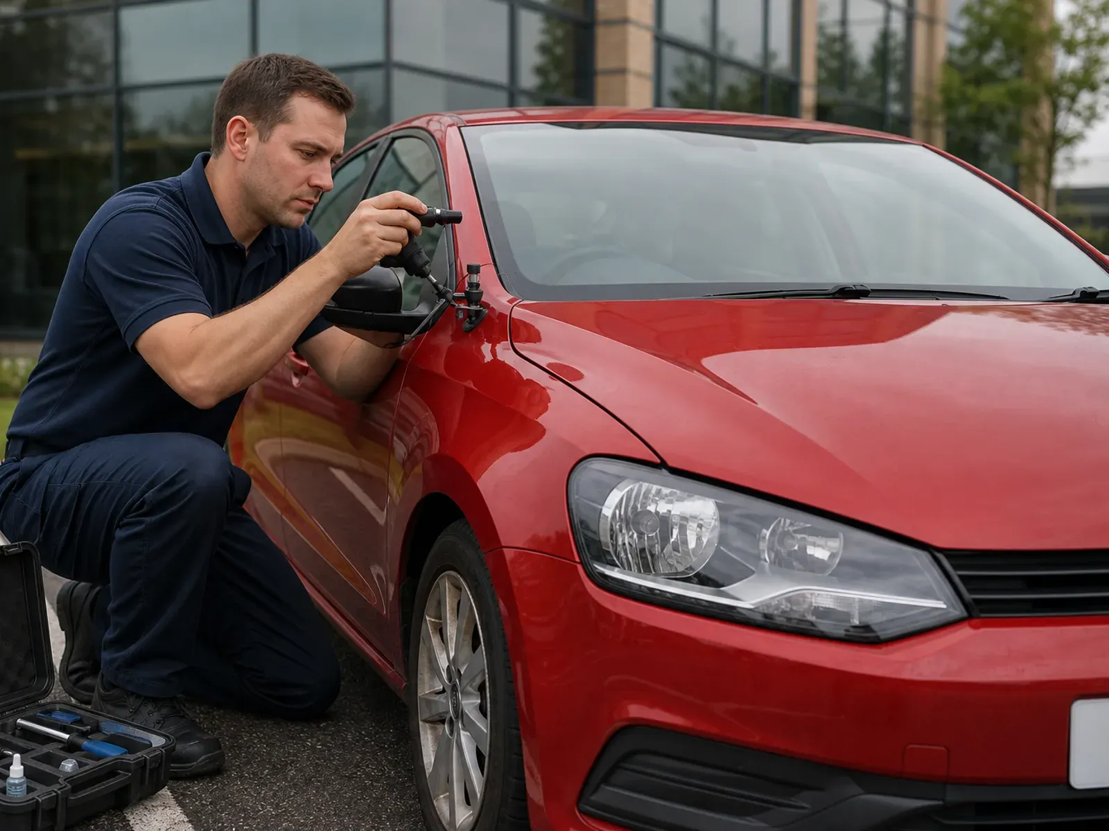 A mobile technician performing mobile windscreen repair on a vehicle in Liverpool.