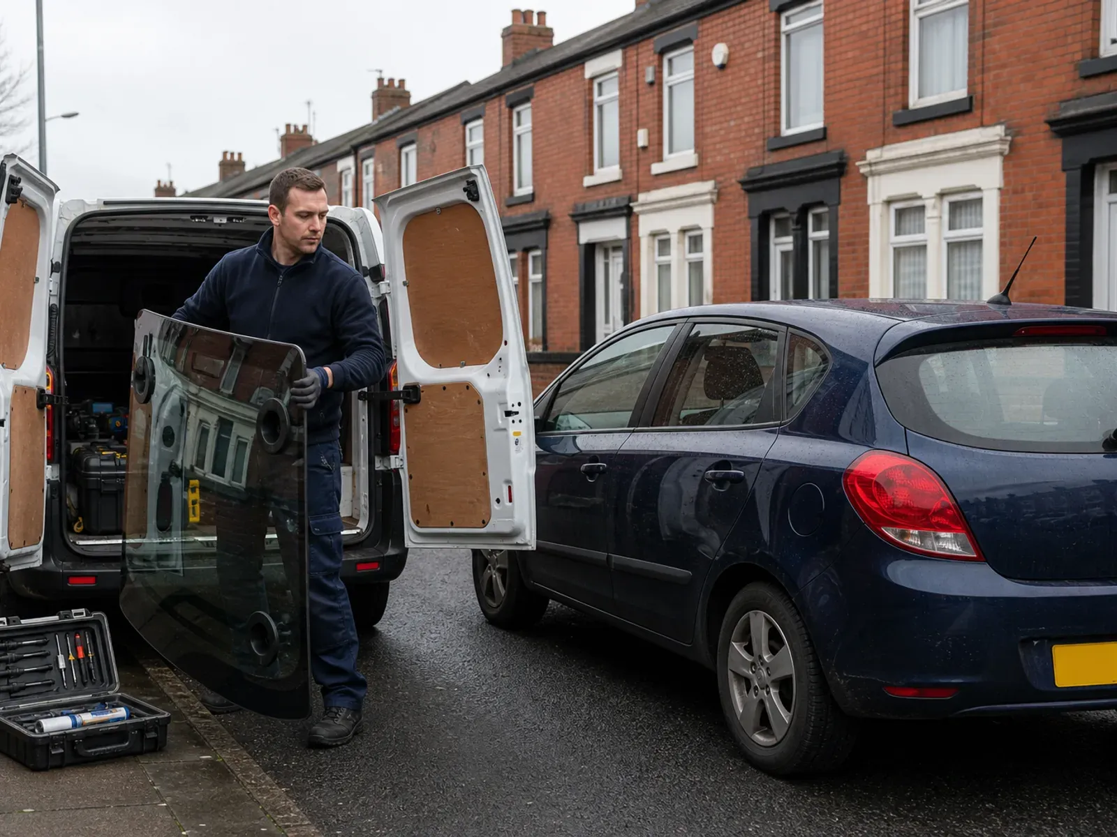A mobile technician performing mobile windscreen replacement on a vehicle in Liverpool.