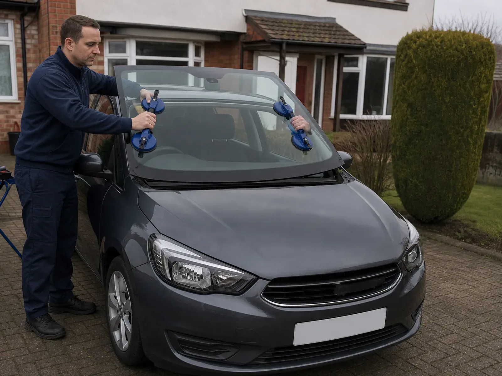 A mobile technician performing windscreen replacement on a vehicle in Liverpool.