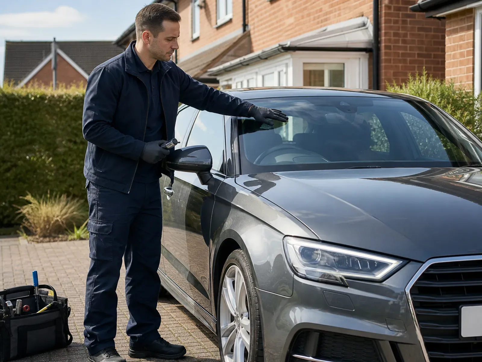 A mobile windscreen technician working on a Audi A3 in Liverpool.