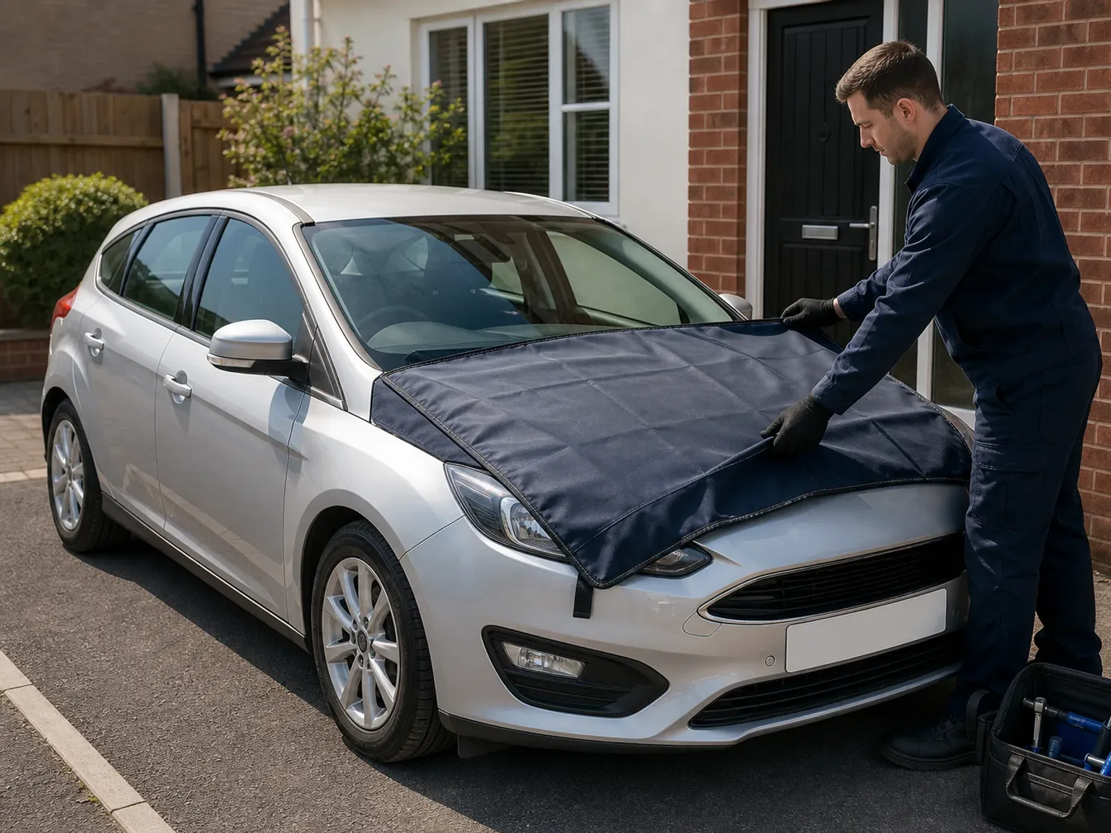 A mobile windscreen technician working on a Ford Focus in Liverpool.