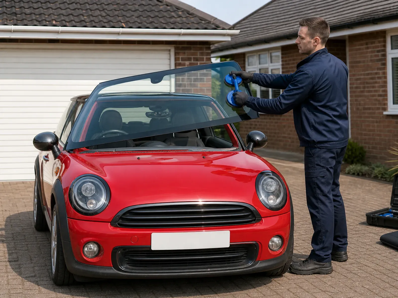 A mobile windscreen technician working on a MINI Hatch in Liverpool.