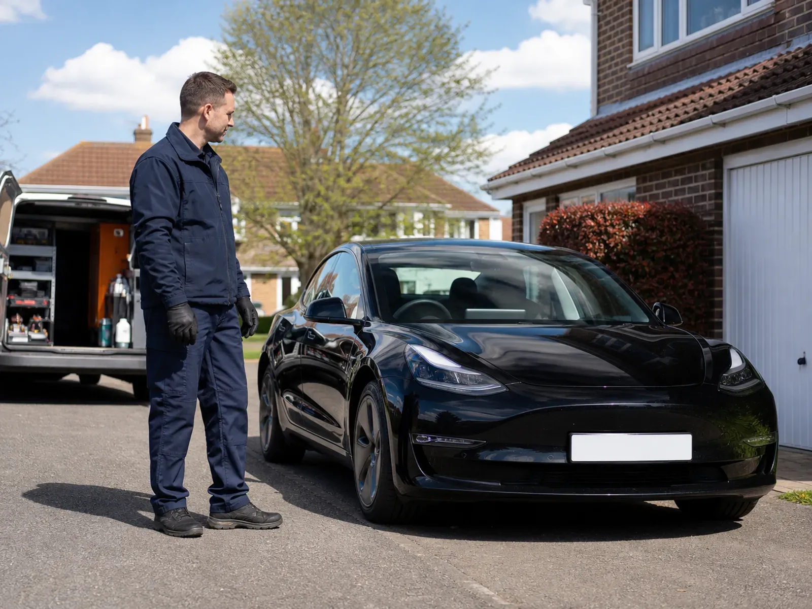 A mobile windscreen technician working on a Tesla Model 3 in Liverpool.