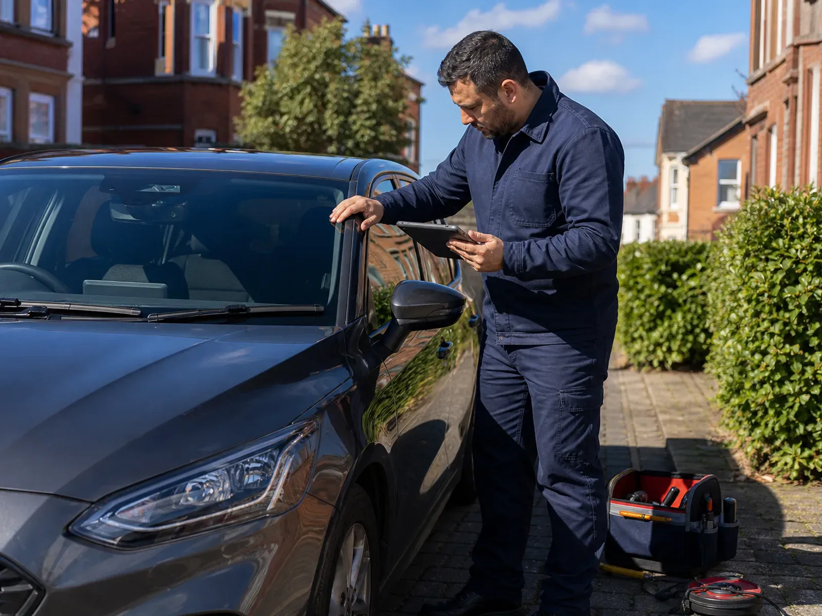 Mobile windscreen technician assessing a vehicle before preparing a replacement quote in Liverpool.